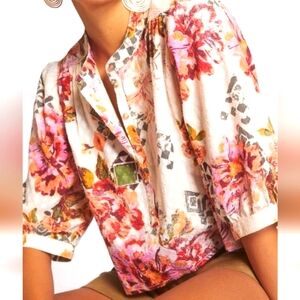 Anthropologie Floral Cropped Surf Blouse, Size 1X